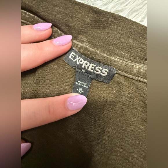 Express Thin Cold Shoulder Long Sleeve Oversized Shirt Washed Green/Brown Size M - Picture 4 of 6